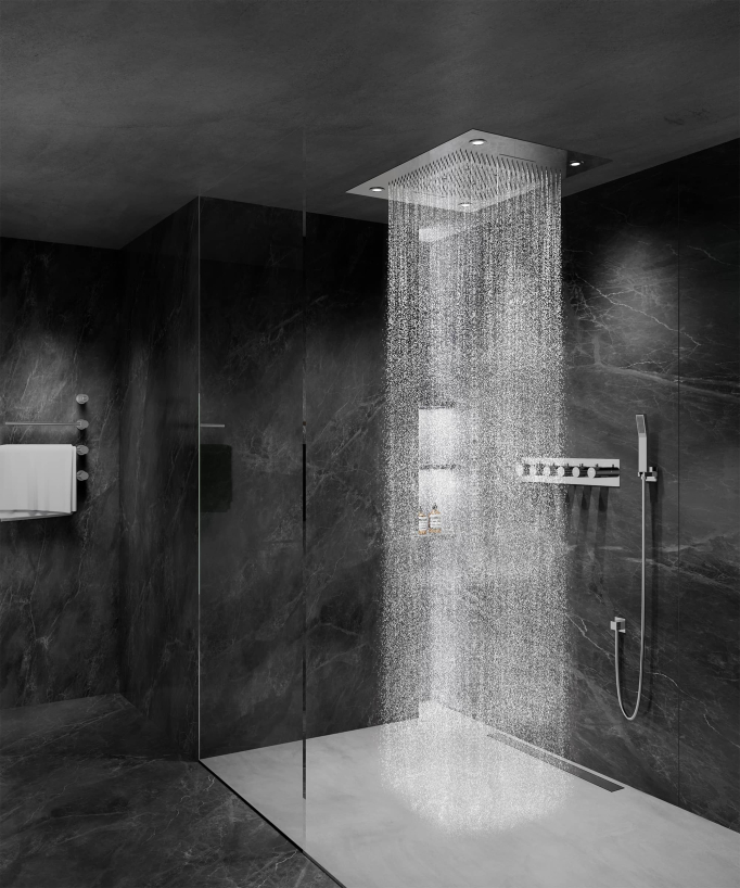 Thermostatic Shower Set with LED Rain Shower and Chromotherapy 80x60 cm - Chrome