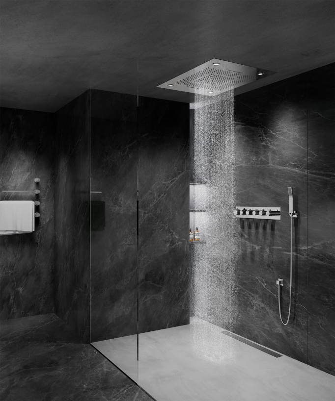 Thermostatic Shower Set with LED Rain Shower and Chromotherapy 80x60 cm - Chrome