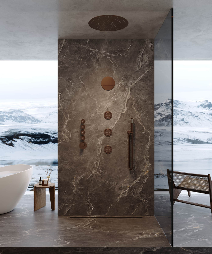 Round Thermostatic Rain Shower Set with Body Jets - Brushed Rose Gold - Corbeau