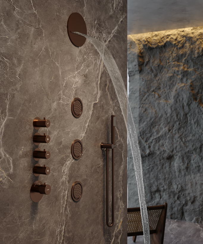Round Thermostatic Rain Shower Set with Body Jets - Brushed Rose Gold - Corbeau