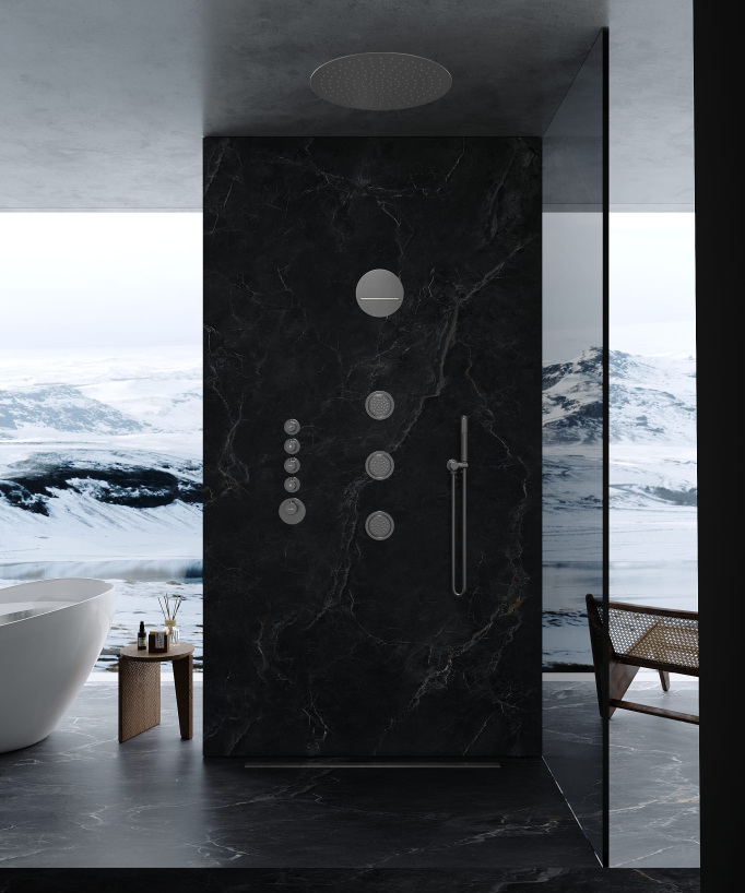Round Thermostatic Rain Shower Set with Body Jets - Gunmetal - Corbeau