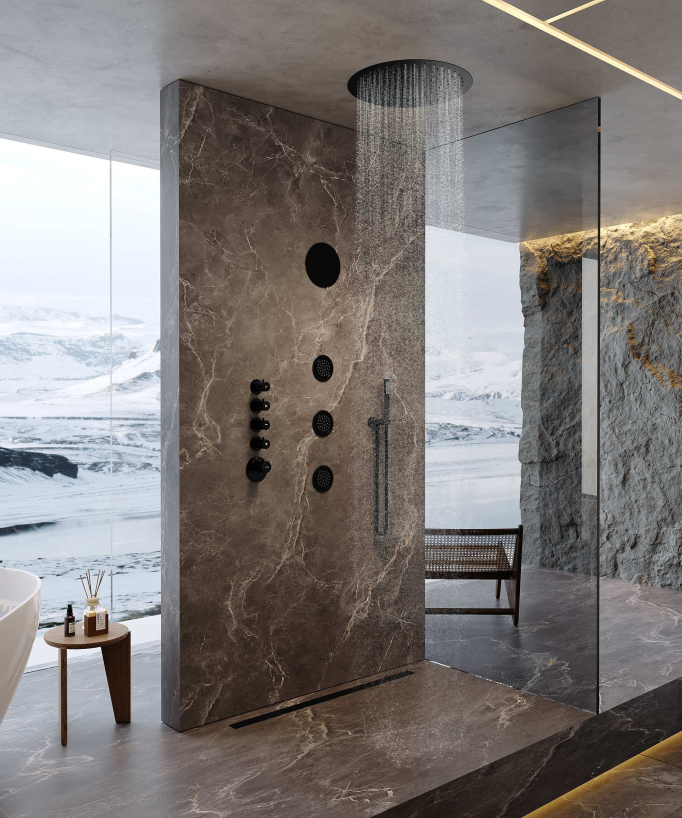 Round Thermostatic Rain Shower Set with Body Jets - Matte Black - Corbeau