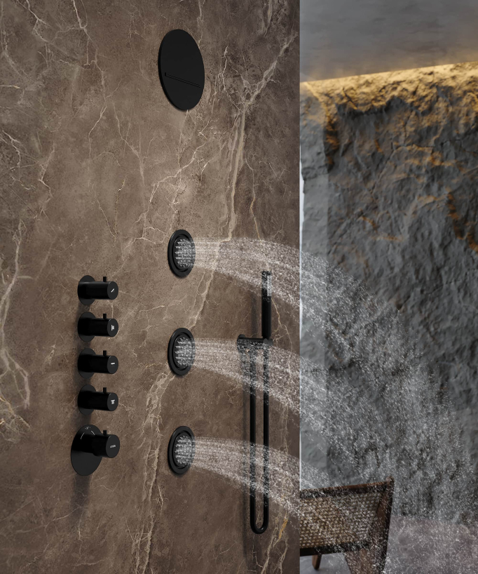 Round Thermostatic Rain Shower Set with Body Jets - Matte Black - Corbeau