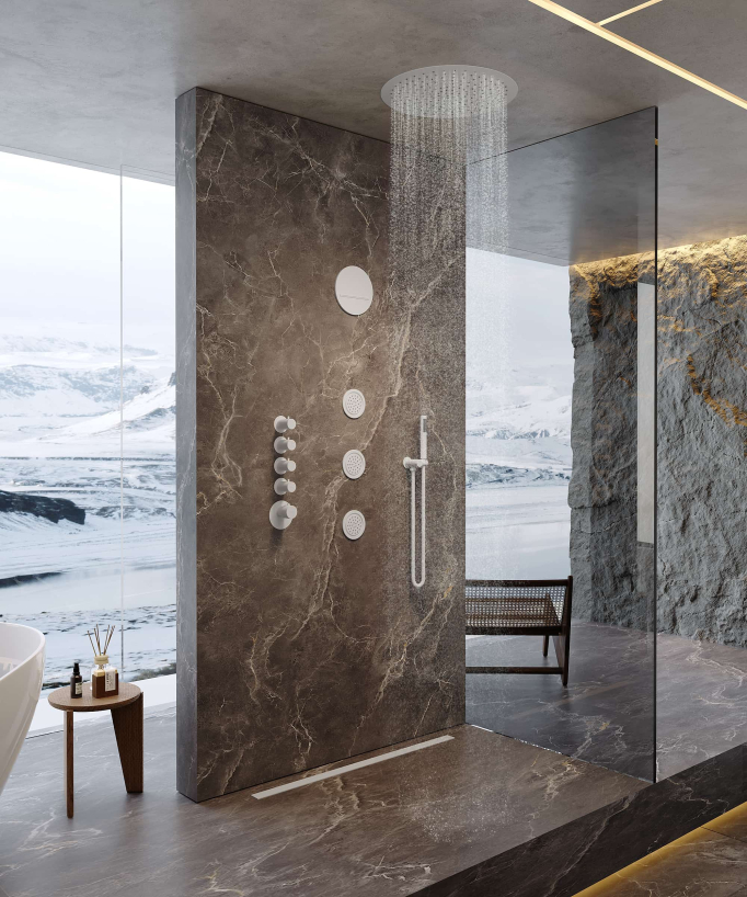 Round Thermostatic Rain Shower Set with Body Jets - White - Corbeau