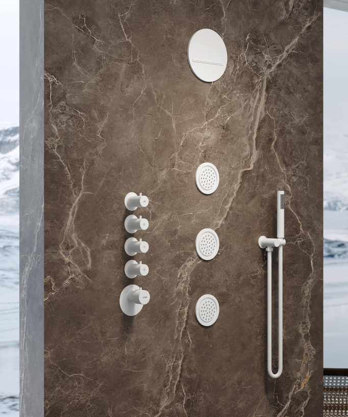 Round Thermostatic Rain Shower Set with Body Jets - White - Corbeau