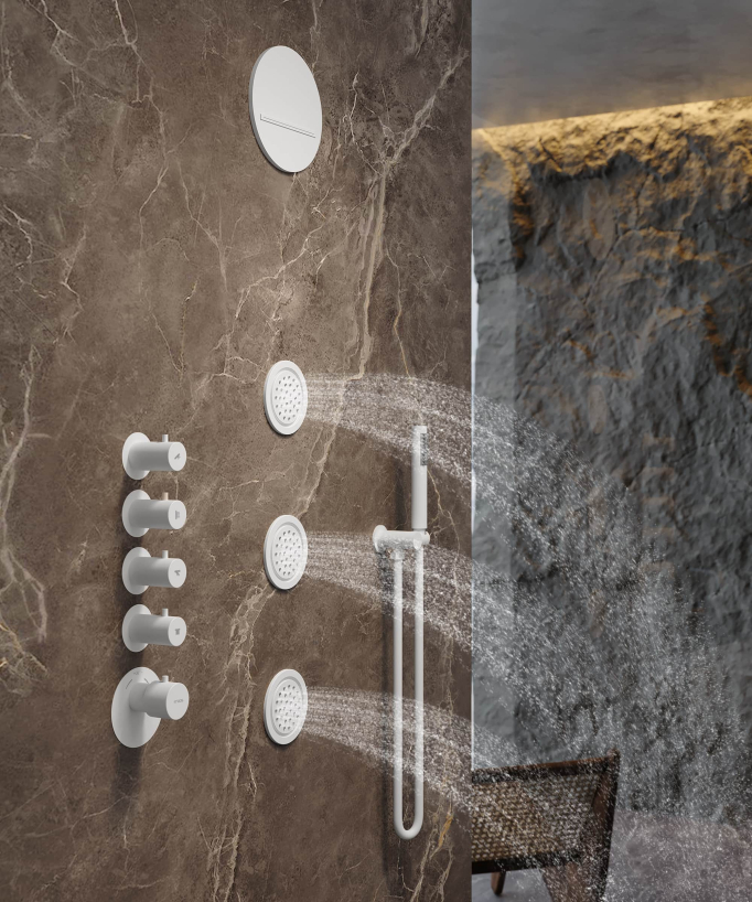 Round Thermostatic Rain Shower Set with Body Jets - White - Corbeau
