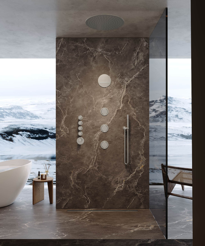 Round Thermostatic Rain Shower Set with Body Jets - Brushed Nickel - Corbeau