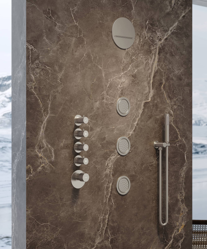Round Thermostatic Rain Shower Set with Body Jets - Brushed Nickel - Corbeau