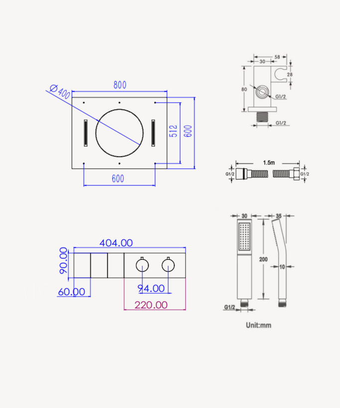 Thermostatic Shower Set with Circular Waterfall, Rain Bands & Side Jets - Chrome