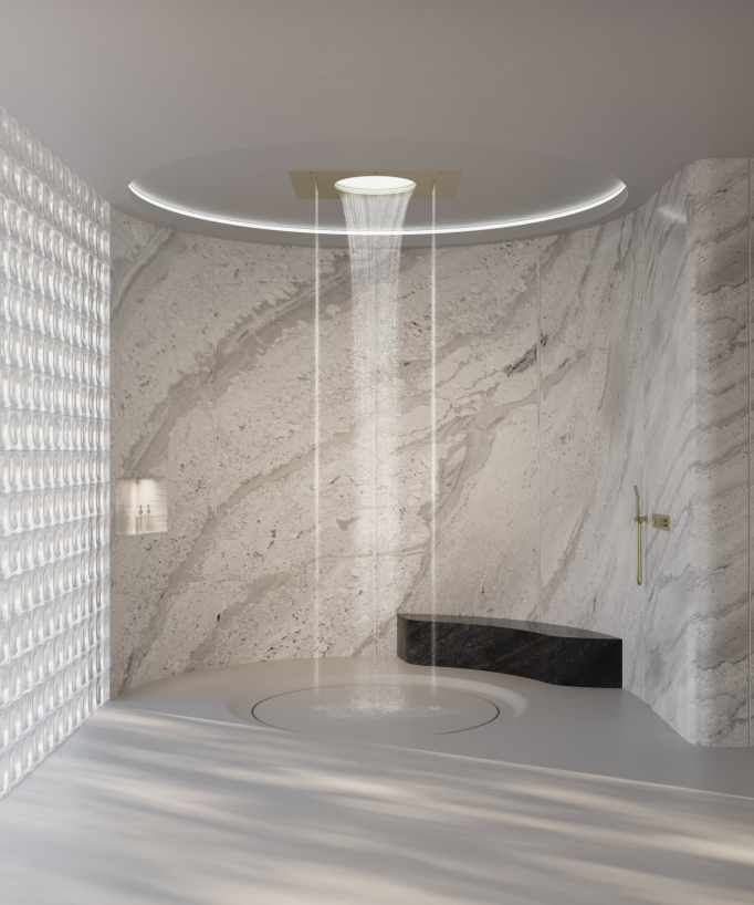 Thermostatic Shower Set with Circular Waterfall, Rain Bands & Side Jets - Brushed Gold