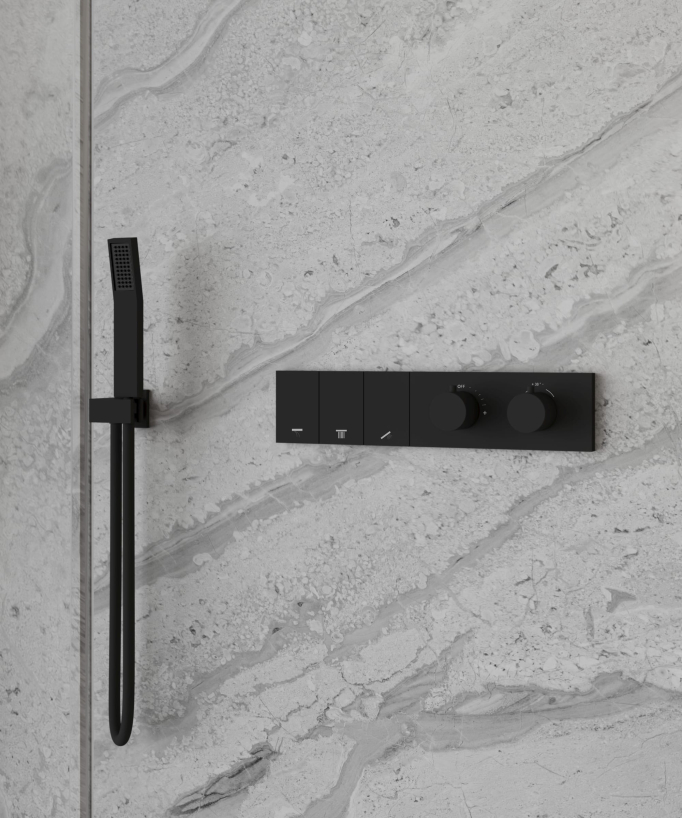 Thermostatic Shower Set with Circular Waterfall, Rain Bands & Side Jets - Matte Black