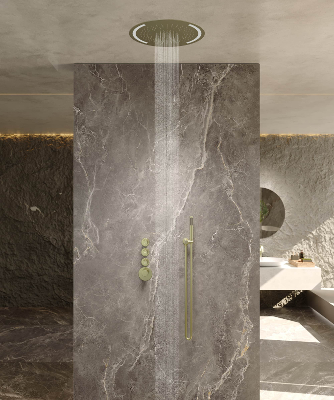 Thermostatic Shower Set with Round LED Rain Shower Head - Brushed Gold - Corbeau