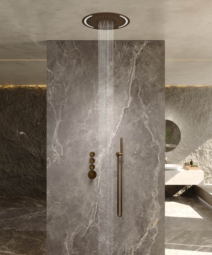 Thermostatic Shower Set with Round LED Rain Shower Head - Brushed Rose Gold - Corbeau