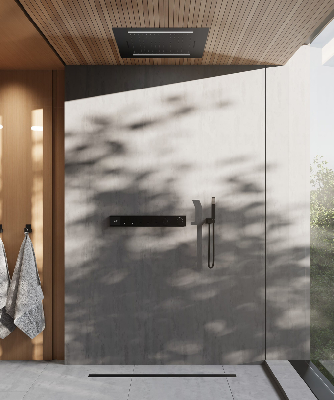 Thermostatic Shower Set with 70x70 cm Multi-Function LED Rain Shower Head - Matte Black