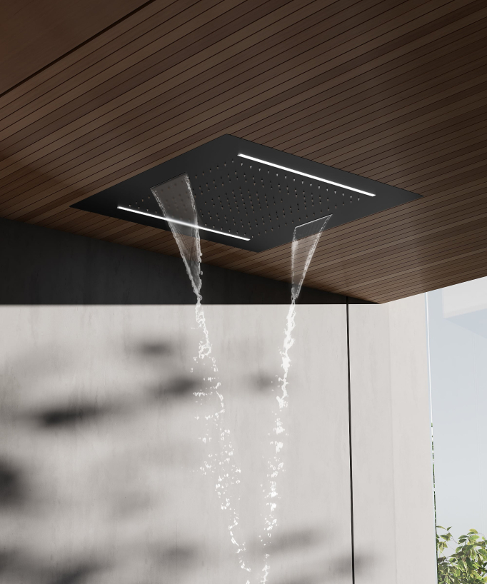 Thermostatic Shower Set with 70x70 cm Multi-Function LED Rain Shower Head - Matte Black
