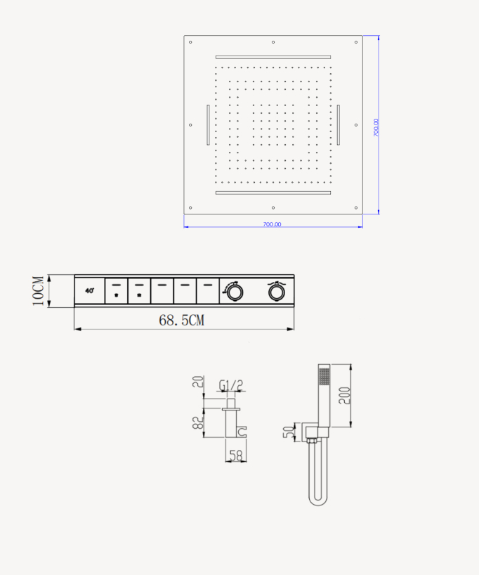 Thermostatic Shower Set with 70x70 cm Multi-Function LED Rain Shower Head - Matte Black