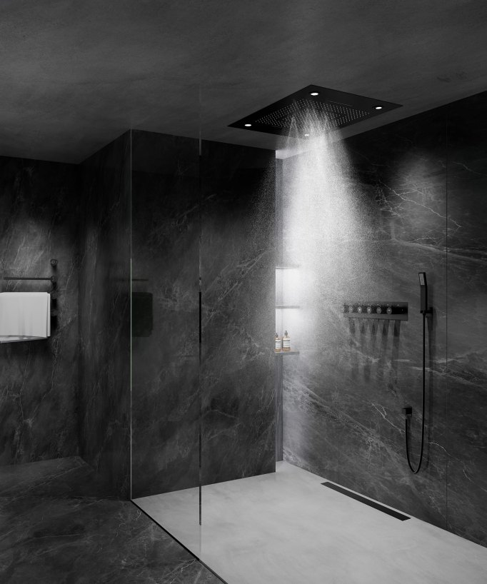 Thermostatic Shower Set with LED Rain Shower and Chromotherapy - 80x60 cm - Black