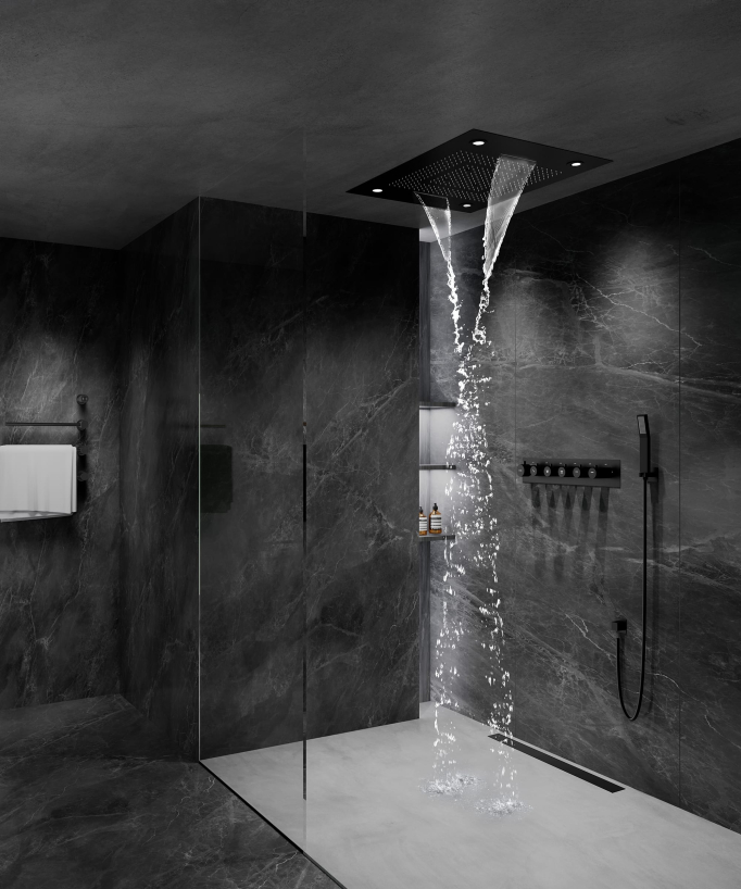 Thermostatic Shower Set with LED Rain Shower and Chromotherapy - 80x60 cm - Black