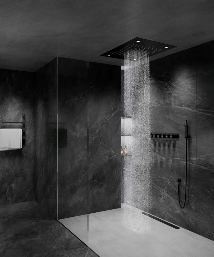 Thermostatic Shower Set with LED Rain Shower and Chromotherapy - 80x60 cm - Black