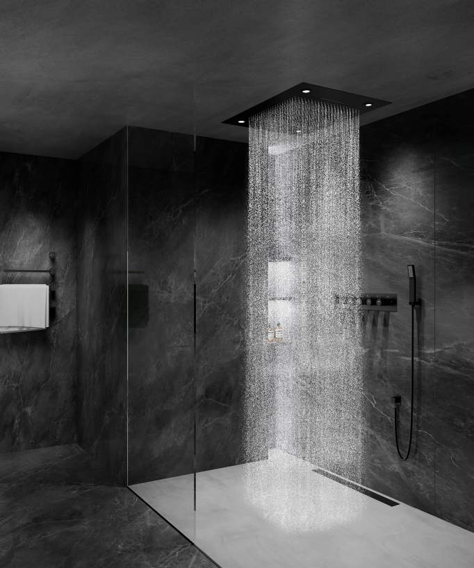 Thermostatic Shower Set with LED Rain Shower and Chromotherapy - 80x60 cm - Black