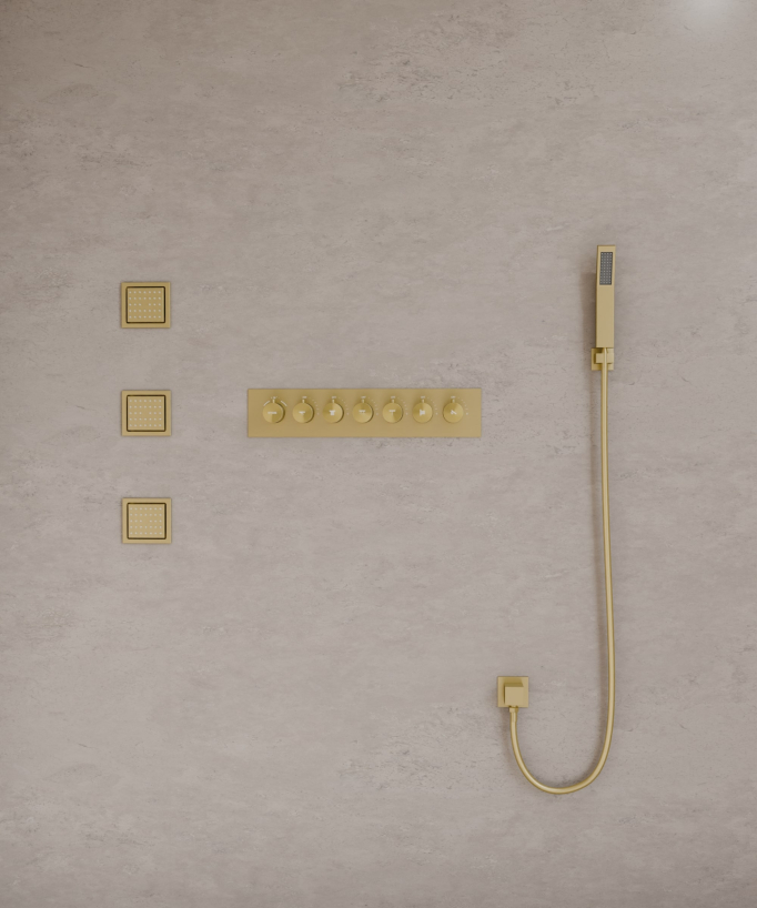 Modern Thermostatic Shower Set - Brushed Gold - 900x300 mm LED Rain Shower, 3 Body Jets