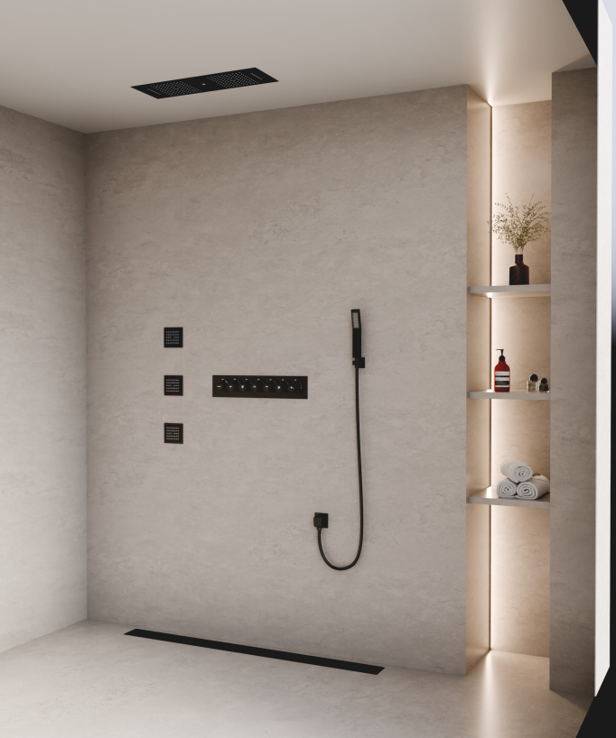 Modern Thermostatic Shower Set - Black - 900x300 mm LED Rain Shower, 3 Body Jets