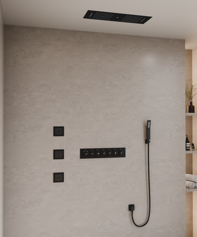 Modern Thermostatic Shower Set - Black - 900x300 mm LED Rain Shower, 3 Body Jets