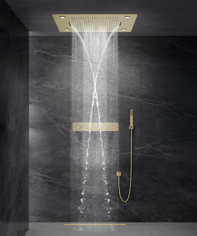Thermostatic Shower Set with LED Rain Shower and Chromotherapy - 80x60 cm - Brushed Gold