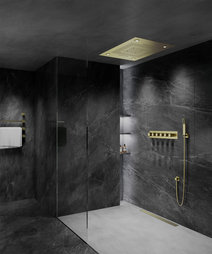 Thermostatic Shower Set with LED Rain Shower and Chromotherapy - 80x60 cm - Brushed Gold