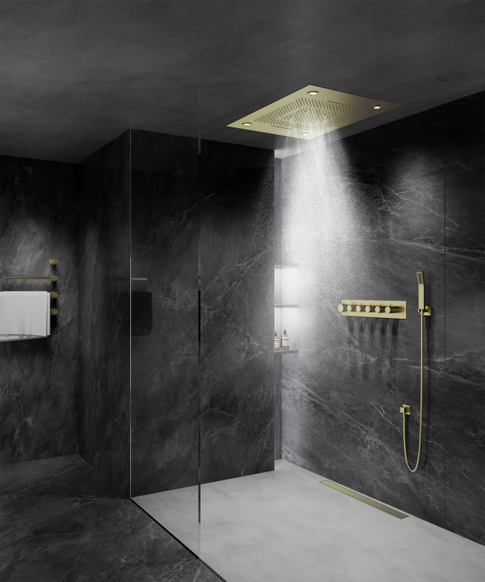 Thermostatic Shower Set with LED Rain Shower and Chromotherapy - 80x60 cm - Brushed Gold