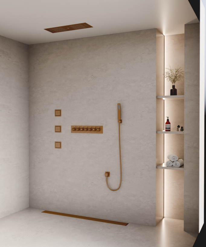 Modern Thermostatic Shower Set - Brushed Rose Gold - 900x300 mm LED Rain Shower, 3 Body Jets