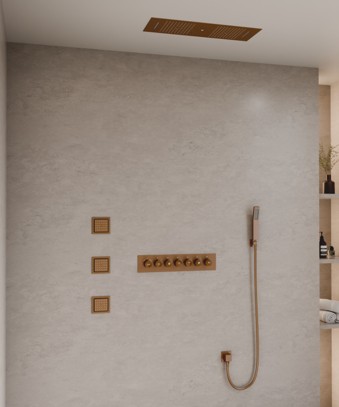 Modern Thermostatic Shower Set - Brushed Rose Gold - 900x300 mm LED Rain Shower, 3 Body Jets