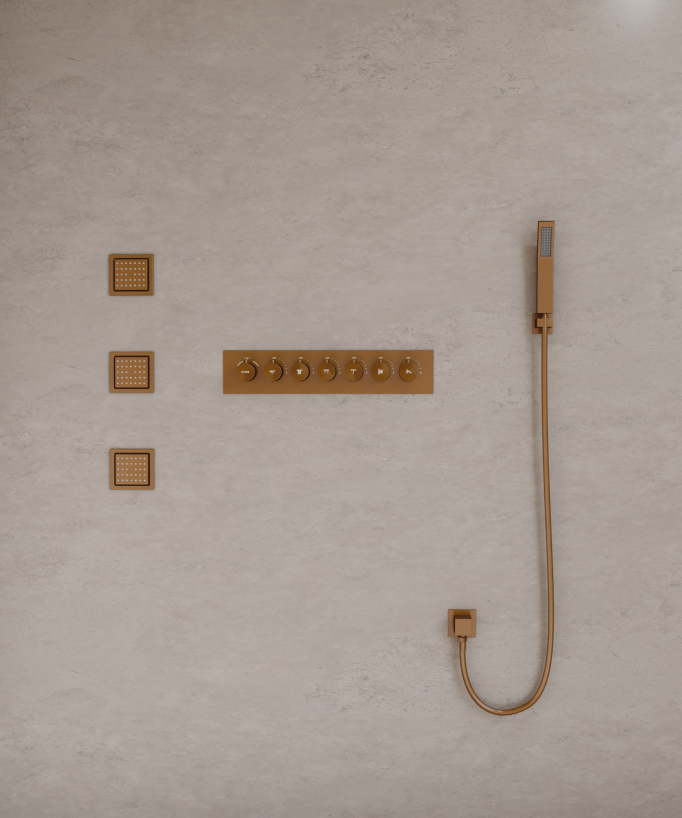 Modern Thermostatic Shower Set - Brushed Rose Gold - 900x300 mm LED Rain Shower, 3 Body Jets