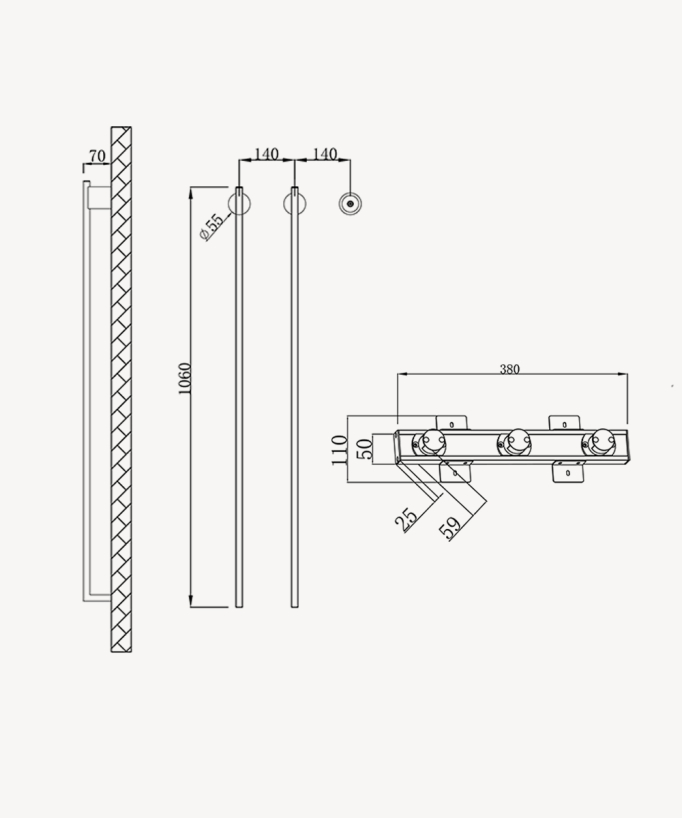 Brushed Gold Electric Heated Towel Rail - Two Bars