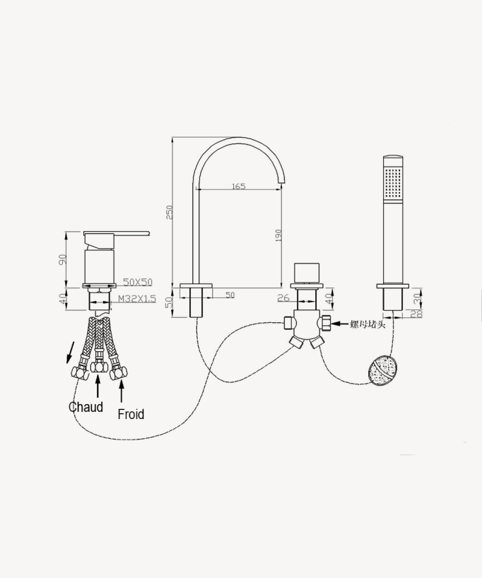 Classic Deck-Mounted Bath Tap with 4-Hole Hand Shower