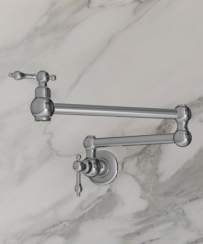 Wall-Mounted Retractable Kitchen Tap with Two Handles and Two Swivel Joints - Cold Water - Chrome
