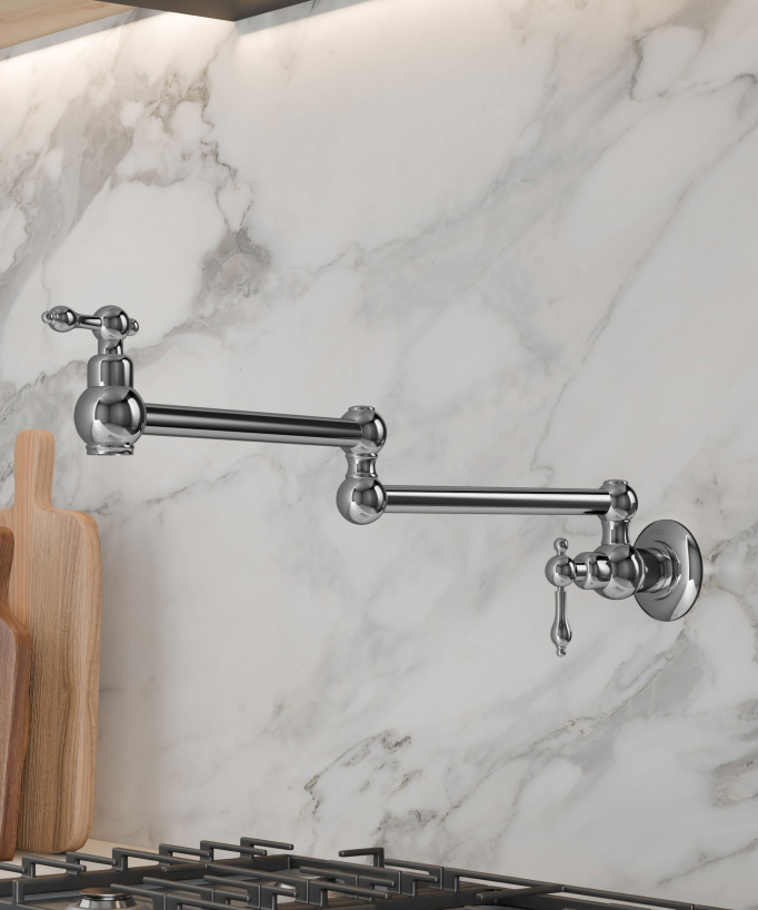 Wall-Mounted Retractable Kitchen Tap with Two Handles and Two Swivel Joints - Cold Water - Chrome