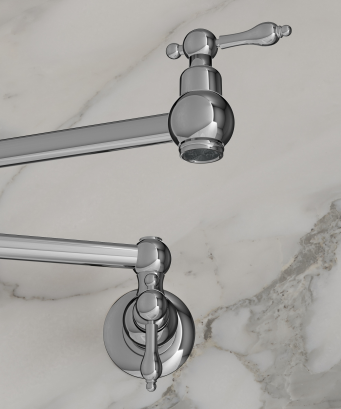 Wall-Mounted Retractable Kitchen Tap with Two Handles and Two Swivel Joints - Cold Water - Chrome