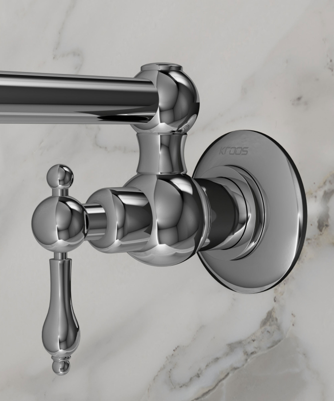 Wall-Mounted Retractable Kitchen Tap with Two Handles and Two Swivel Joints - Cold Water - Chrome