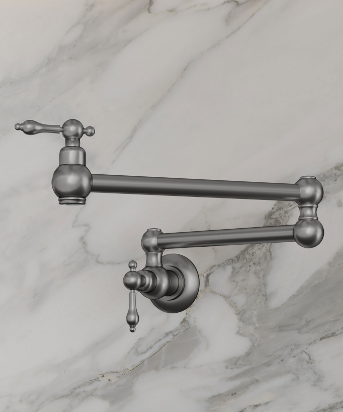 Wall-Mounted Retractable Kitchen Tap with Two Handles and Two Swivel Joints - Cold Water - Brushed Nickel