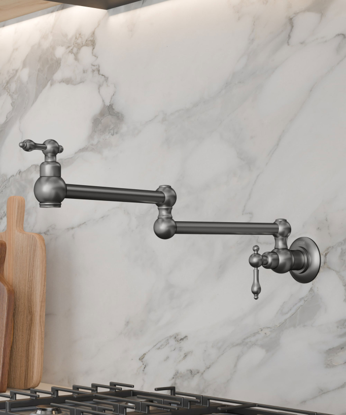 Wall-Mounted Retractable Kitchen Tap with Two Handles and Two Swivel Joints - Cold Water - Brushed Nickel