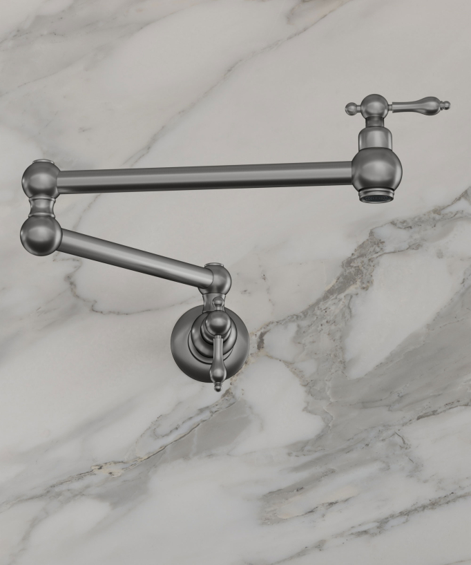 Wall-Mounted Retractable Kitchen Tap with Two Handles and Two Swivel Joints - Cold Water - Brushed Nickel