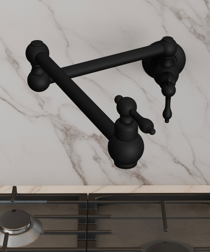 Wall-Mounted Retractable Kitchen Tap with Two Handles and Two Swivel Joints - Cold Water - Black