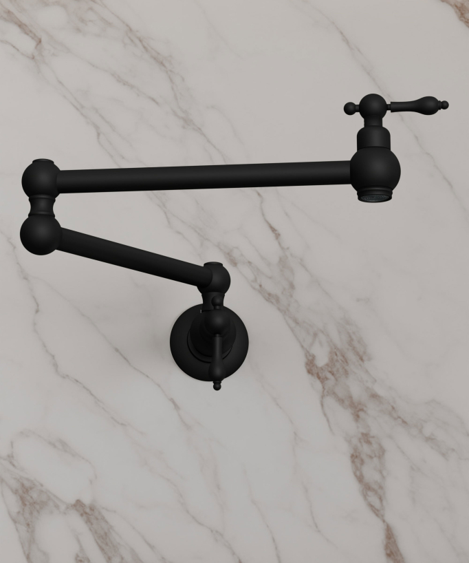 Wall-Mounted Retractable Kitchen Tap with Two Handles and Two Swivel Joints - Cold Water - Black