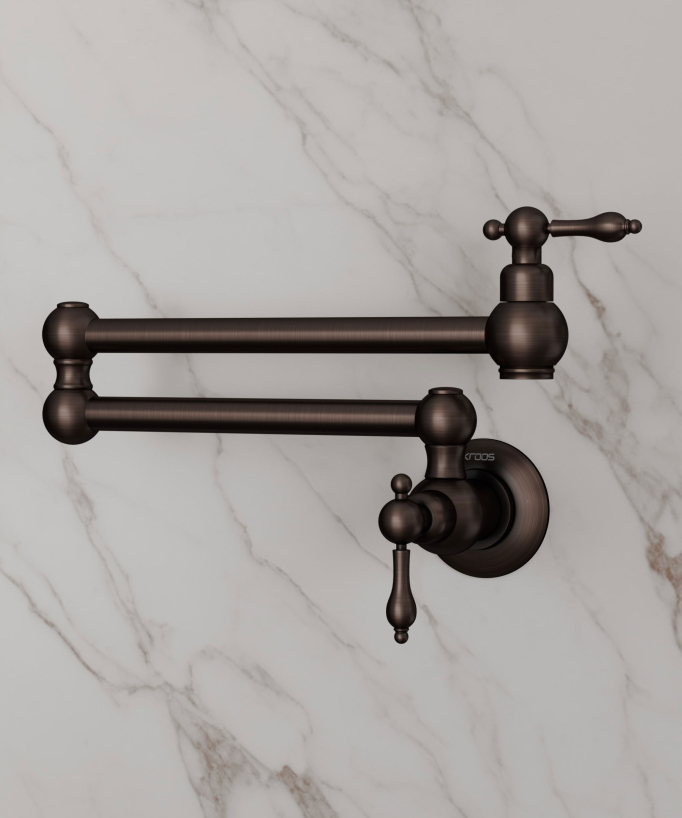 Wall-Mounted Retractable Kitchen Tap with Two Handles and Two Swivel Joints - Cold Water - Copper