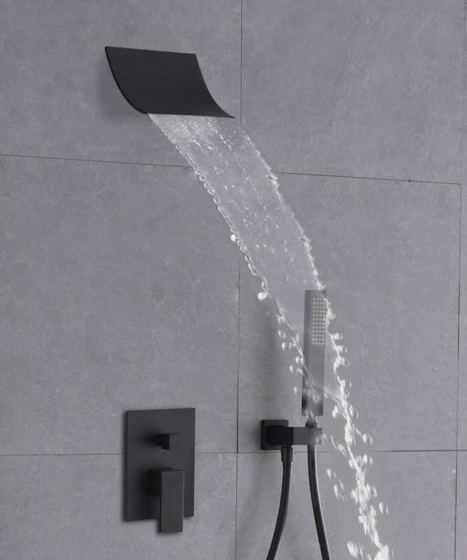 Black Concealed Shower Column - Waterfall Function and Mechanical Taps
