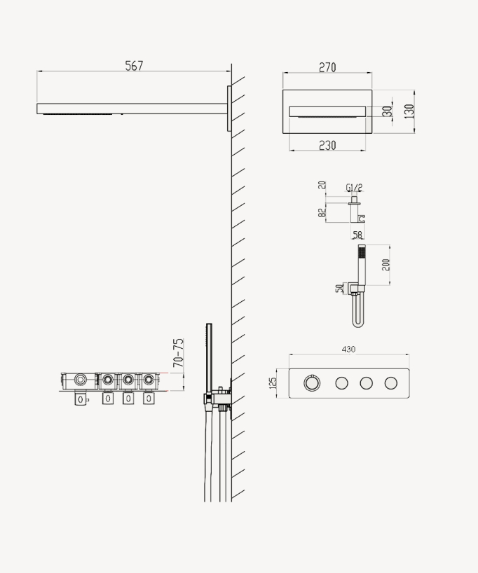 Concealed Thermostatic Shower Set with Rain and Waterfall Function - Chrome
