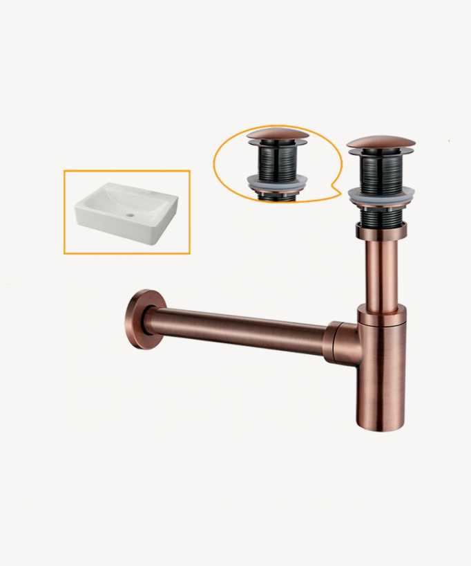 Cylindrical Basin Trap with Overflow Waste - Brushed Rose Gold