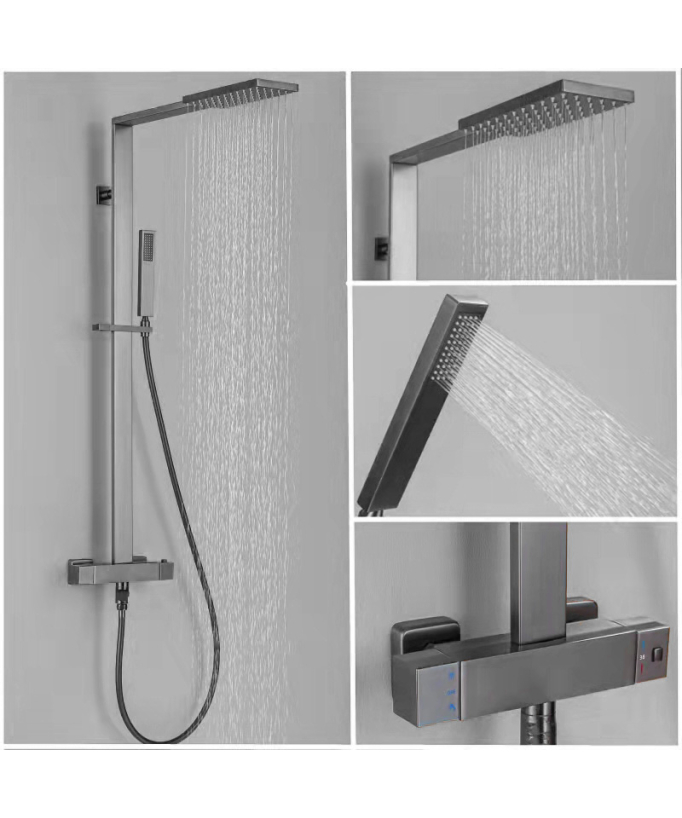 Sirius Thermostatic Shower Column - Gunmetal, Square Design & Rectangular Rain Head
