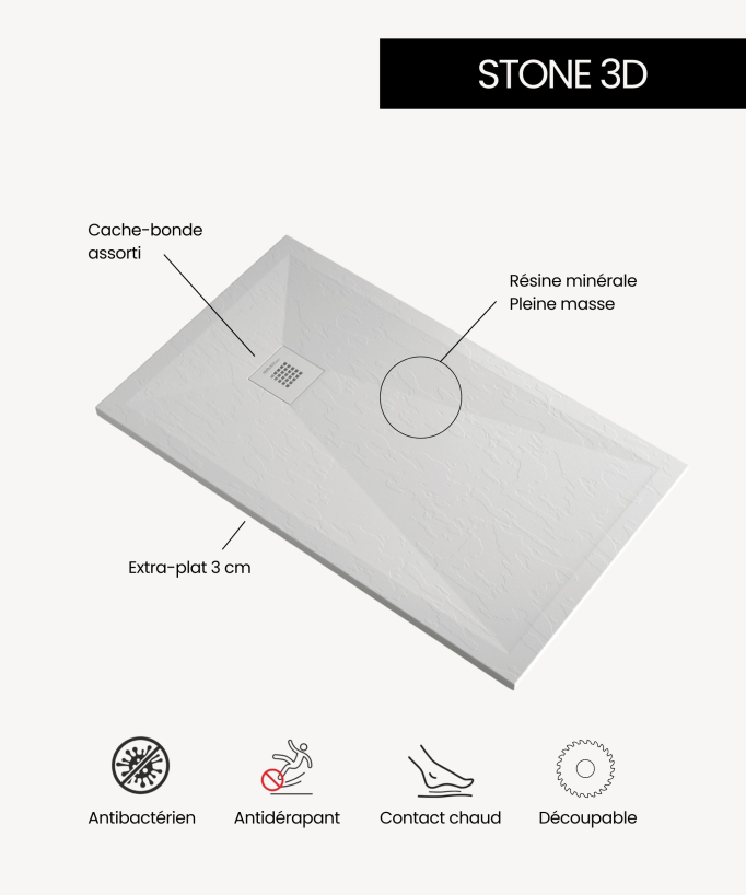 Receveur de douche Sodalite, finition Lisse Stone 3D, grille de couleur